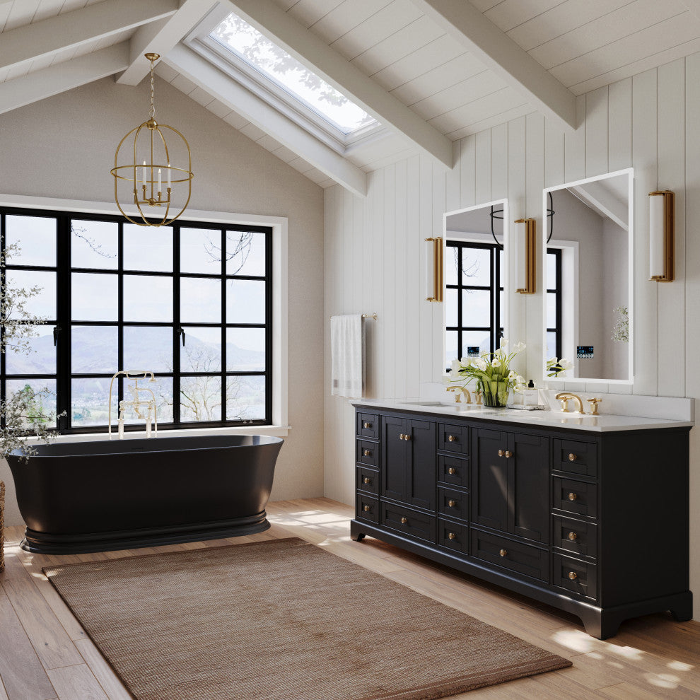 Audrey Vanity Set, Black Onyx, 84", Gold Hardware, White Quartz Top
