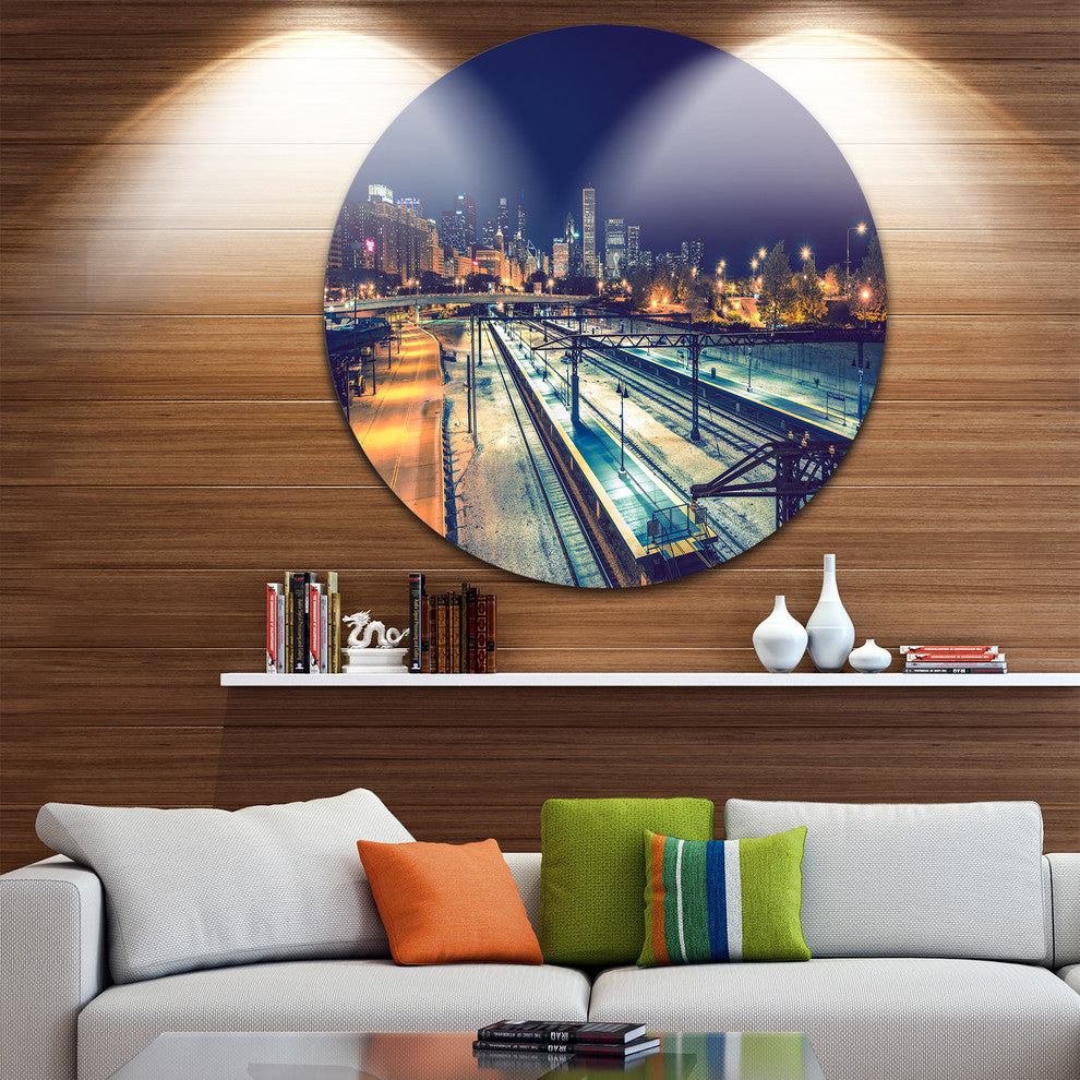 Welcome In Chicago Highway Traffic, Cityscape Round Metal Wall Art, 23"