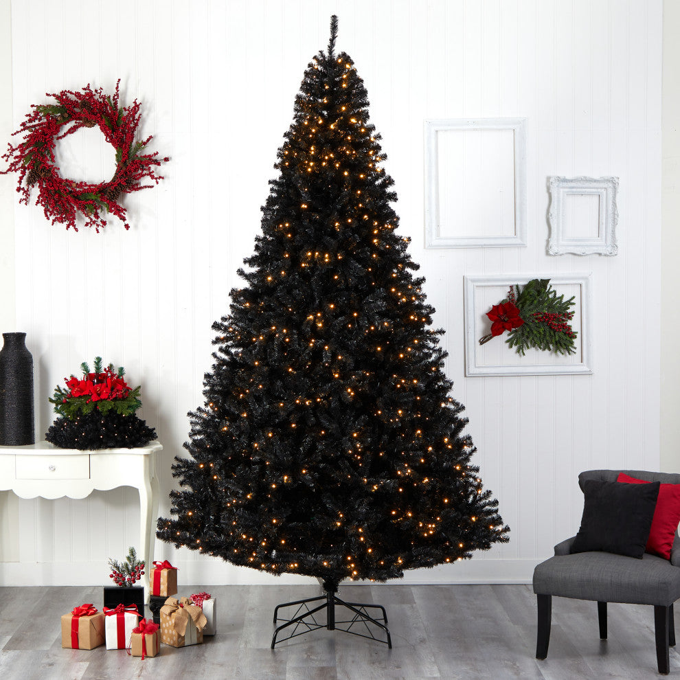 10' Black Artificial Christmas Tree With 950 Clear LED Lights and 3056 Tips