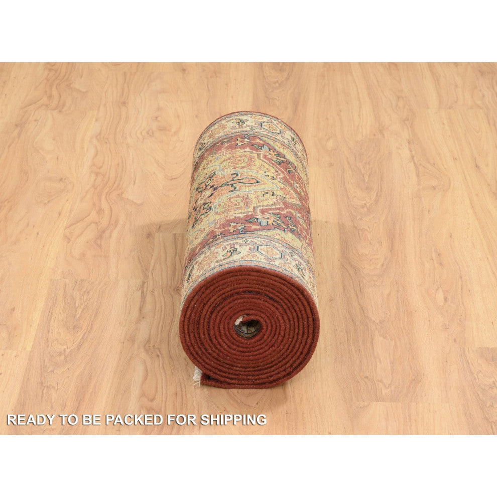 Red Hand Spun Wool Hand Knotted Antiqued Fine Heriz XL Runner Rug, 2'6"x18'2"