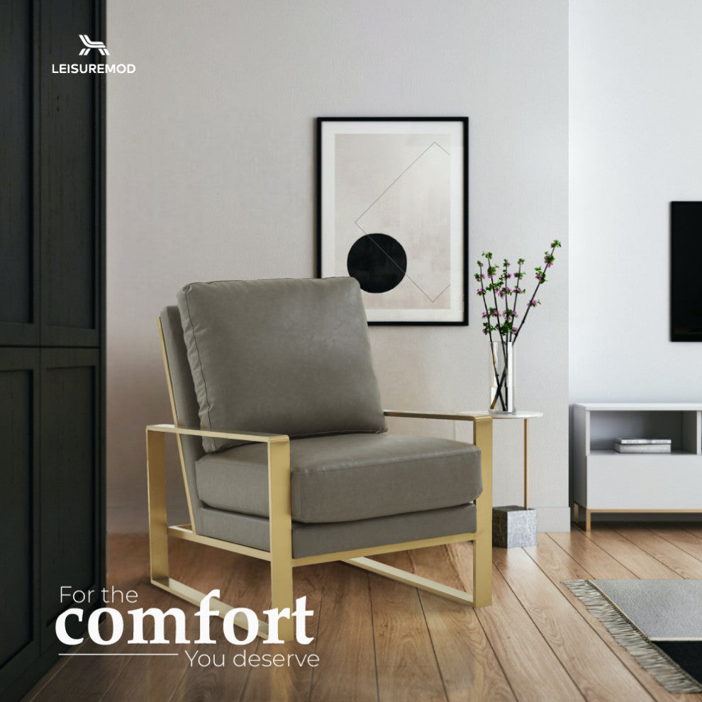 LeisureMod Jefferson Faux Leather Accent Armchair With Gold Frame, Grey