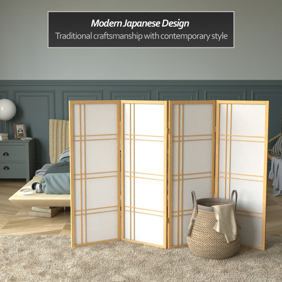 4' Tall Double Cross Shoji Screen, Natural, 4 Panels