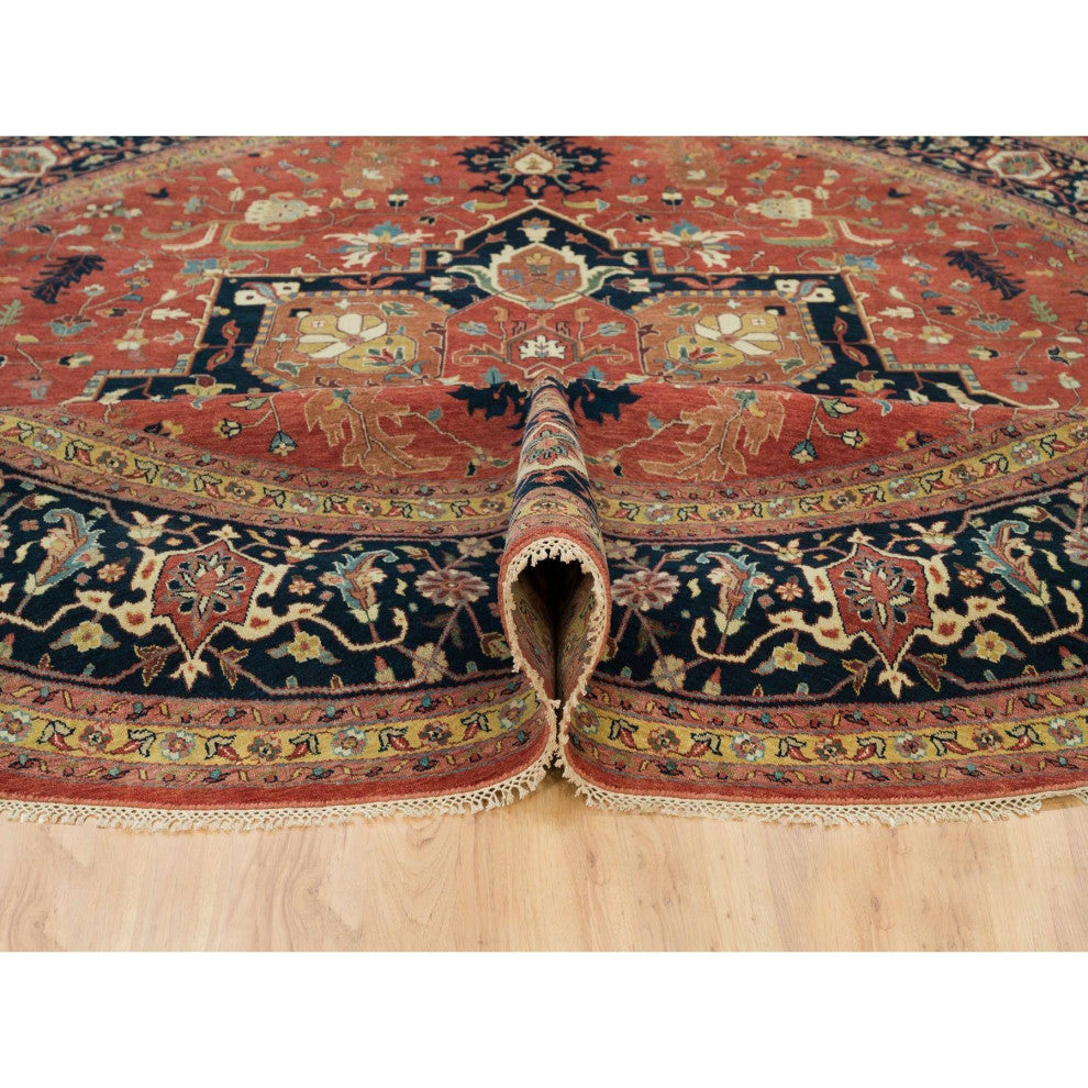 Red Hand Knotted Antiqued Fine Heris Re-Creation Wool Round Rug 11'10"x11'10"