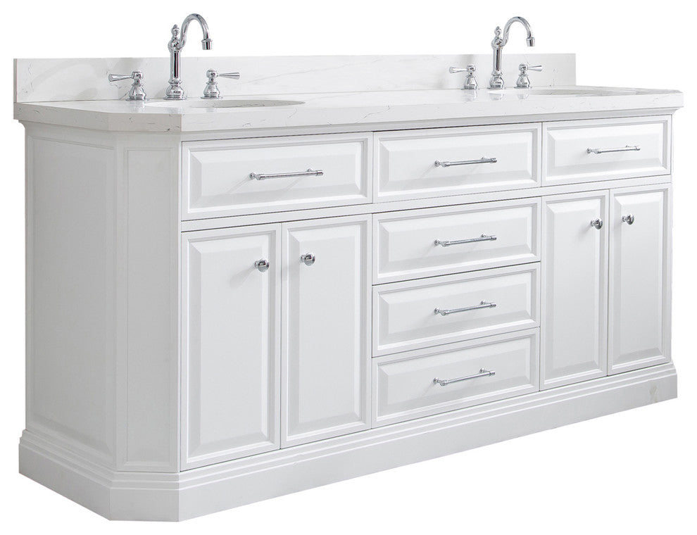 72" Palace Quartz Carrara Pure White Vanity With Hardware, Faucets in Chrome