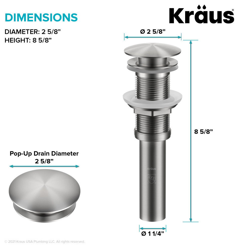 Pop Up Drain, Spot Free Stainless Steel