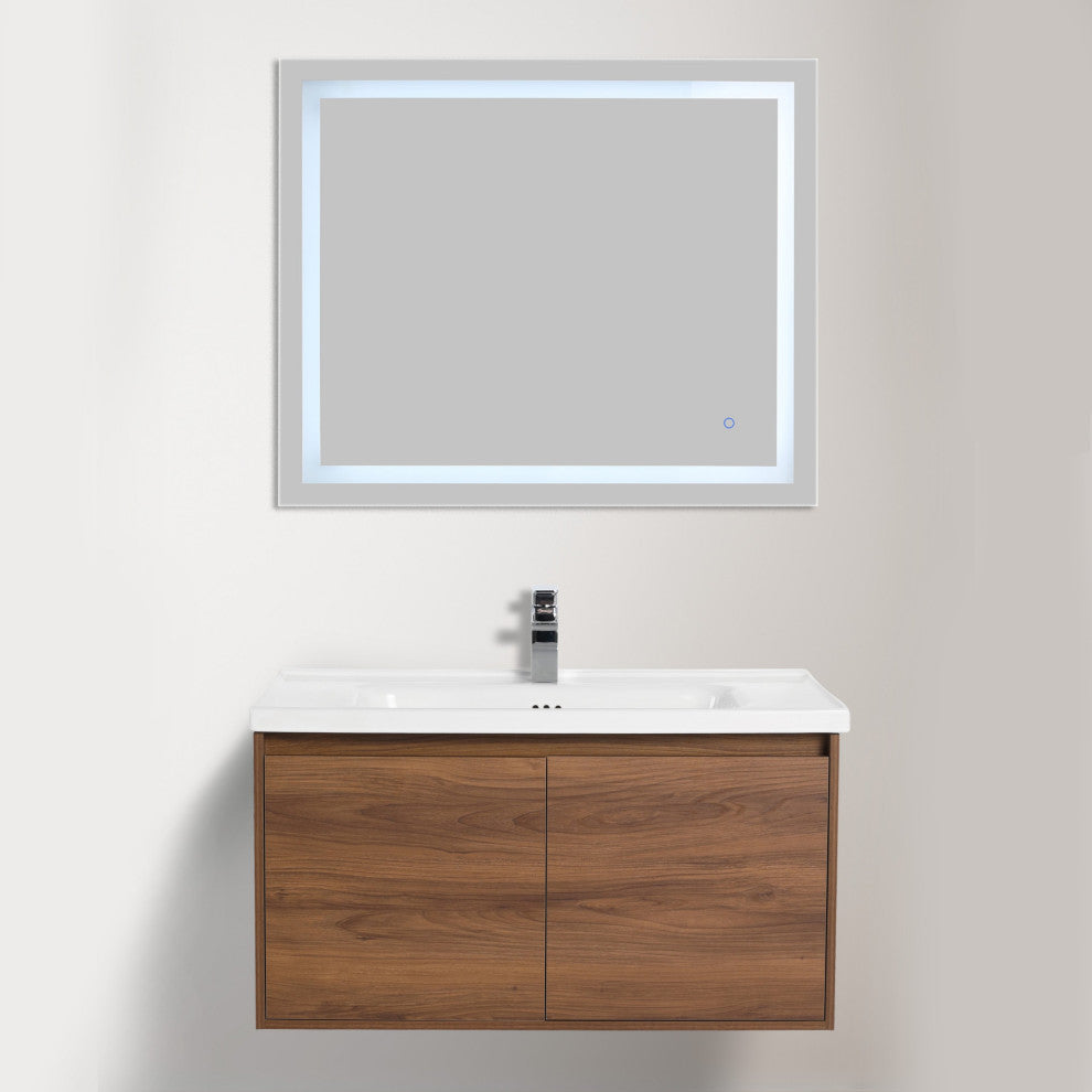 Wall Mounted Bathroom Vanity, Brown Walnut, 36" W/ Sink