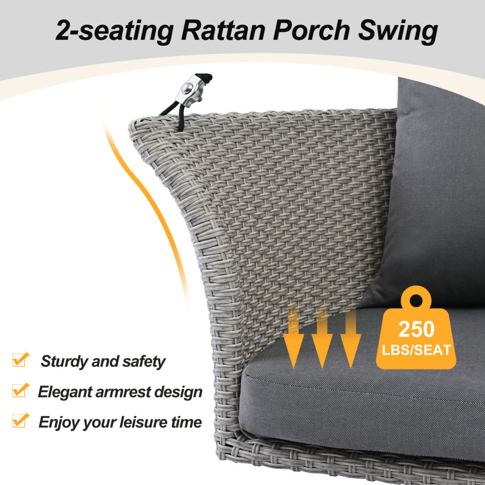 51.9" 2 Person Hanging Seat Rattan Woven Swing Chair, Gray