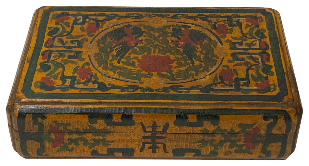 Chinese Distressed Yellow Phoenix Graphic Rectangular Shape Box Hws1993