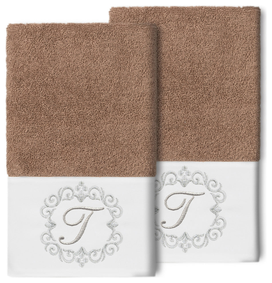 Linum Home Turkish Cotton Monica 2-Piece Embellished Hand Towel Set, Latte