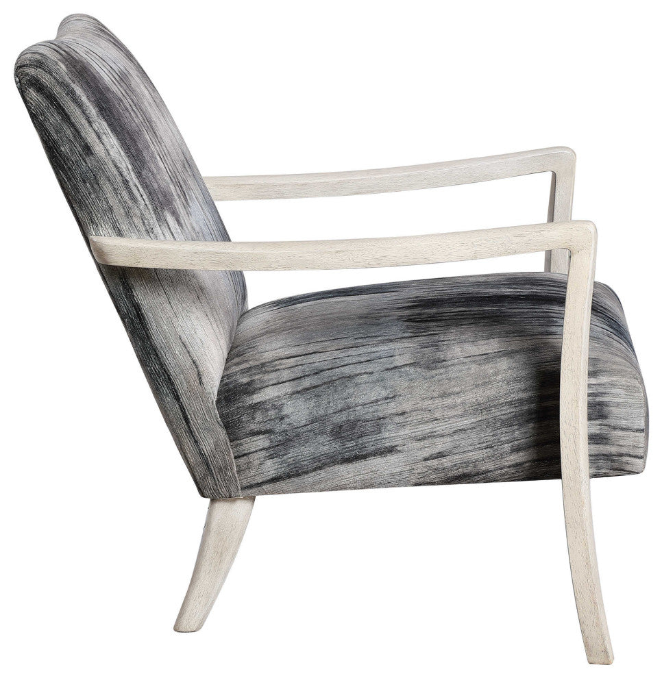 Modern Abstract Chenille Accent Chair Black Gray Blue White Streaked Wood Plush