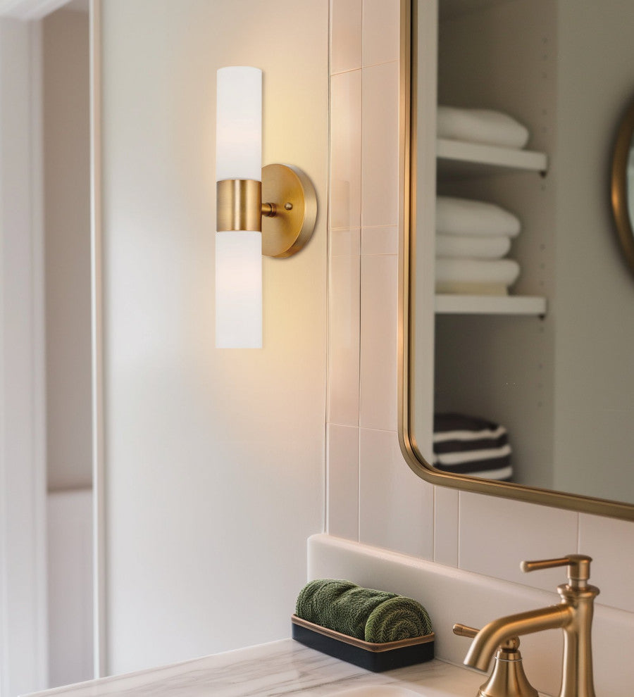 Kira Home Duo 14" Wall Sconce, Frosted Glass Shades, for Bathroom/, Warm Brass
