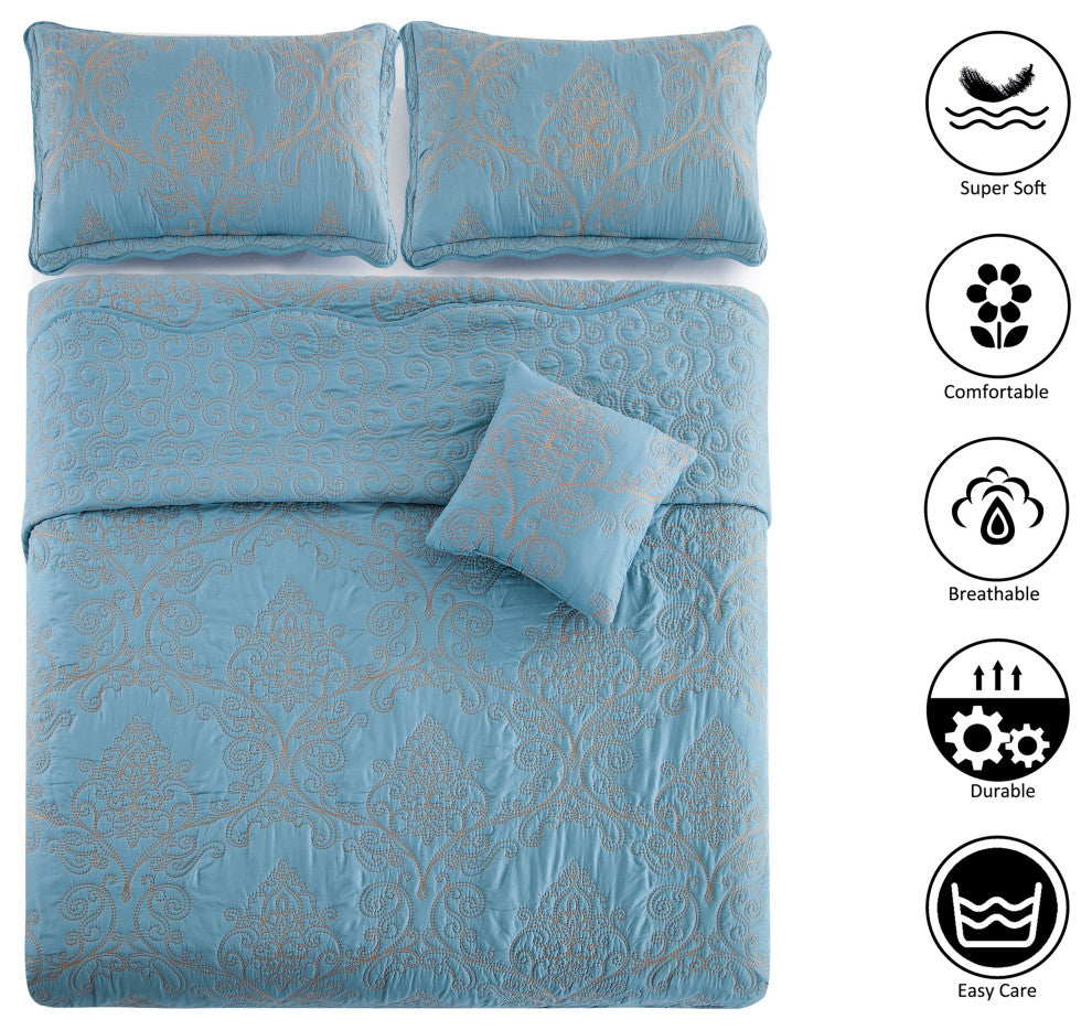 Damask Embroidered Quilted 4 Piece Bed Spread Sets, Forget Me Not, Queen