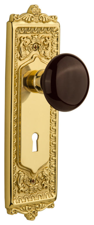 Egg & Dart Plate Privacy Brown Porcelain Knob, Unlacquered Brass