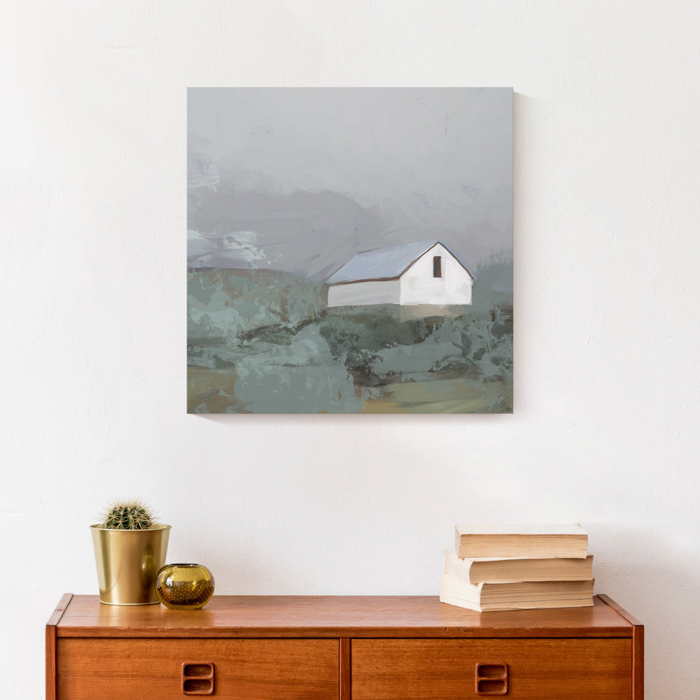 White Barn in Fog 16x16 Canvas Wall Art