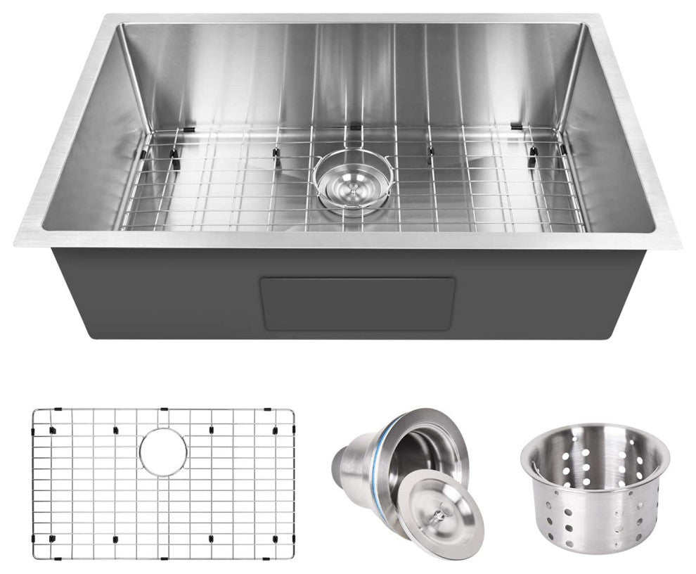 Stainless Steel Undermount Single Bowl Kitchen Sink with Accessories, Silver, 30