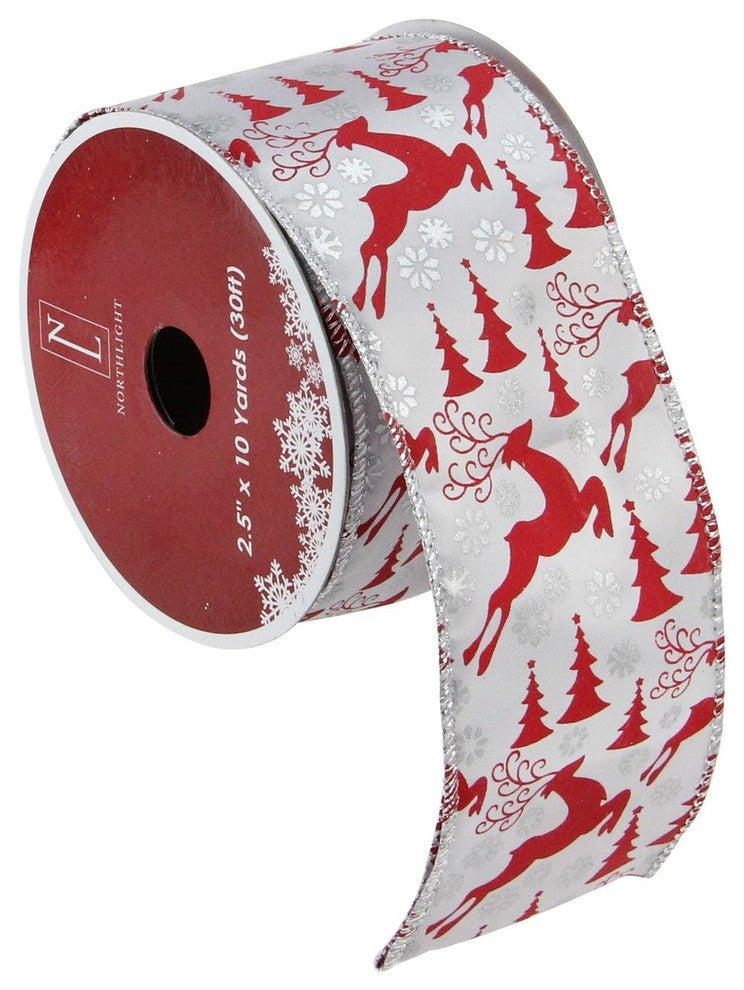 Silver & Red Reindeer Wired Christmas Craft Ribbon