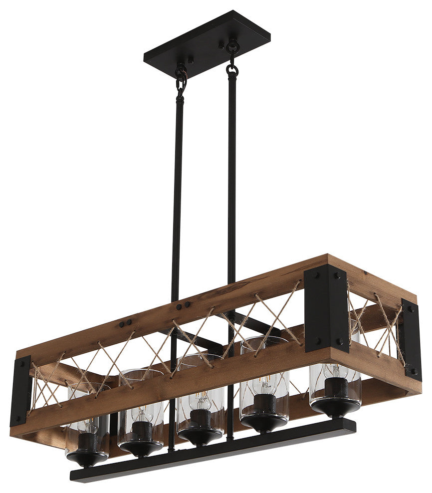Wooden Farmhouse Rectangular Chandelier, 5 Light