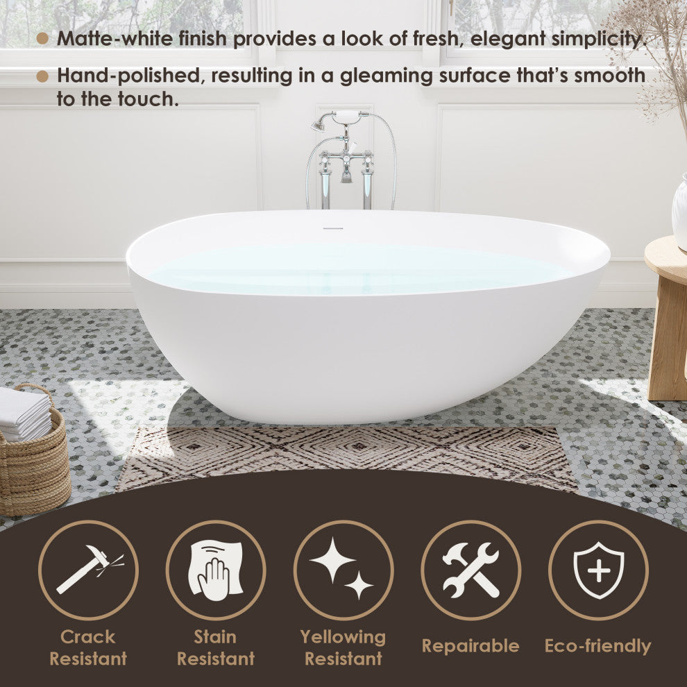 Giotto Flatbottom Freestanding Solid Surface Soaking Bathtub, Matte White, 67inch