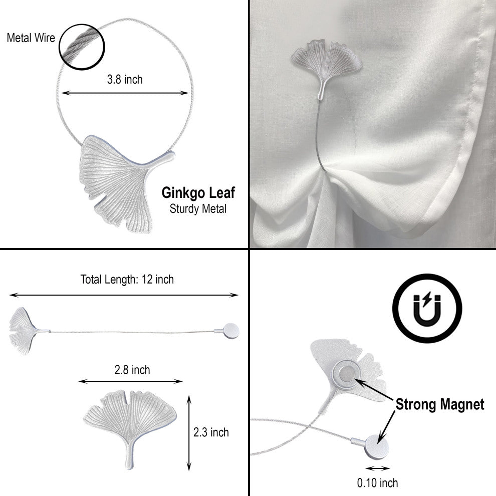 Magnetic Metal Curtain Tiebacks with Ginkgo Leaf Design "“ No Installation Needed, Silver, Pack of 1