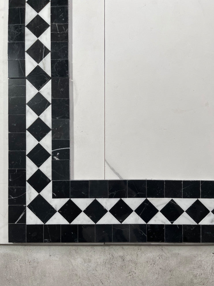 White Carrara Marble Classic Diamond Mosaic Border Listello Tile, 1 sheet