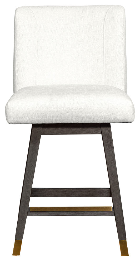 Basila Swivel Counter Stool in Grey Oak Wood Finish with Pearl Fabric