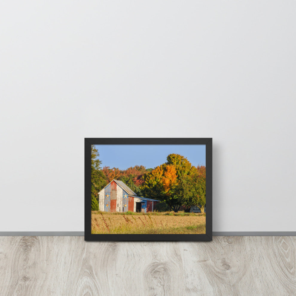 Patriotic Barn in Field Rural Landscape Framed Photo Paper Wall Art Prints, Black, 11" X 14"