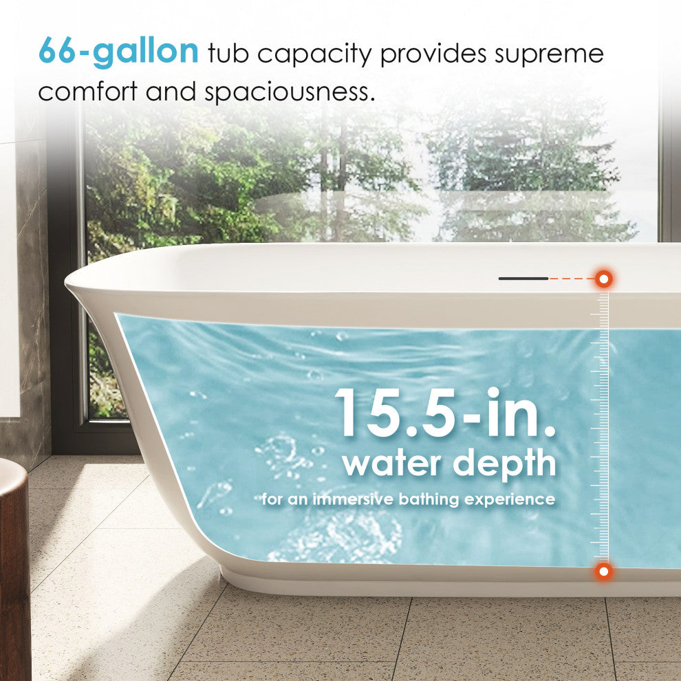 Sarnia Flat Bottom Freestanding Acrylic Soaking Bathtub, 67"