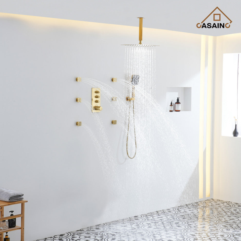 Ceiling Mounted Thermostatic Shower System, Brushed Gold