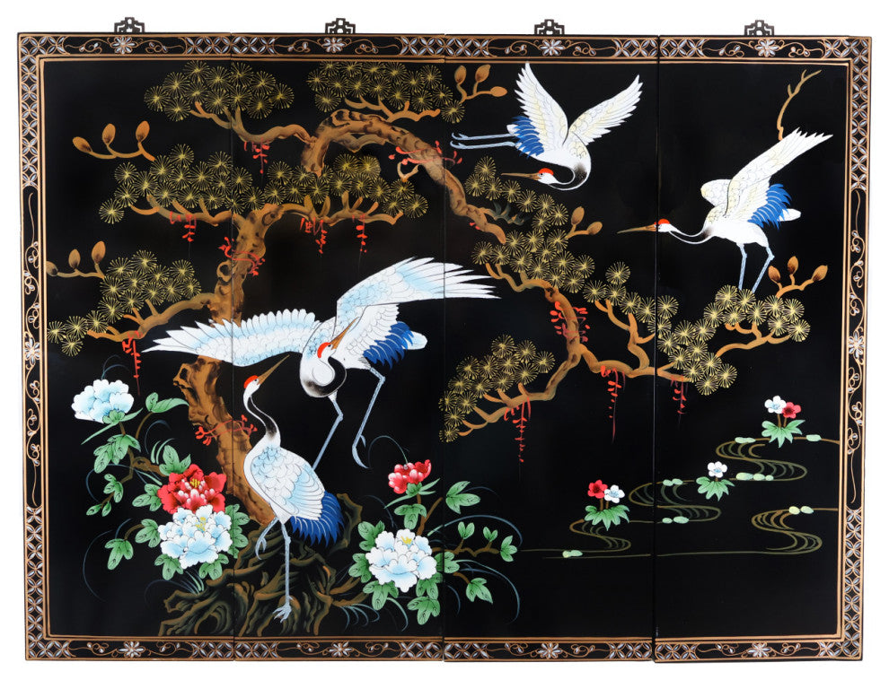 Oriental Wall Art Hand Painted Cranes and Pine Tree