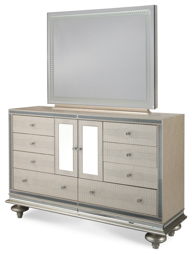 Hollywood Swank Upholstered Dresser with Mirror, Crystal Croc
