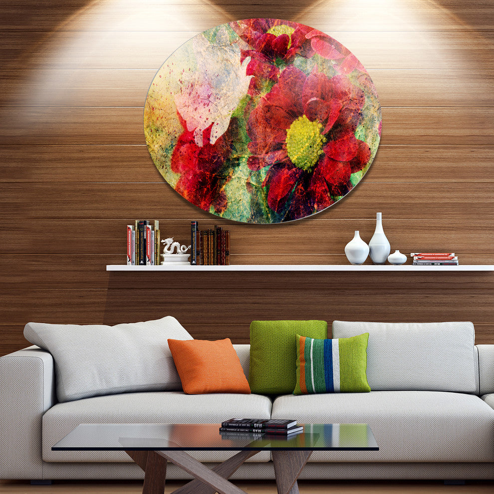 Red Flowers And Watercolor Splashes, Flower Disc Metal Wall Art, 36"