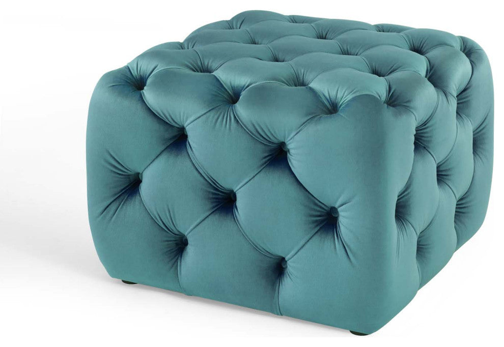 Tufted Accent Chair Ottoman, Square, Velvet, Blue, Modern, Lounge Hospitality