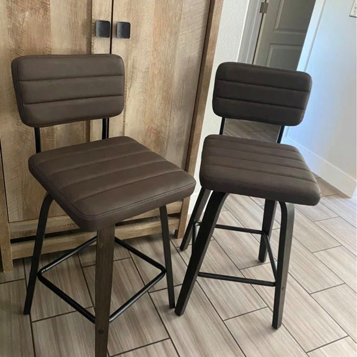 Swivel Bar Stool Leather Bar Stool, Wood Legs, Counter Height, Pu, Set of 2, Brown, 26"