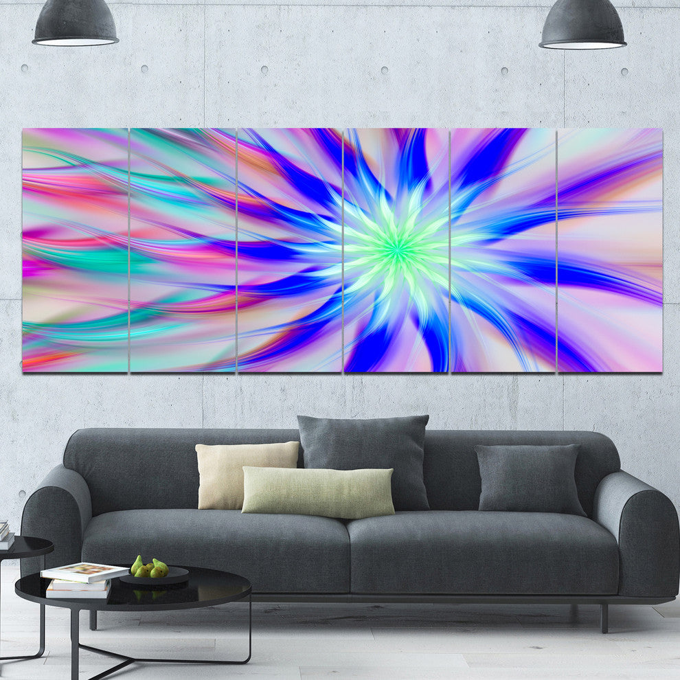 Exotic Blue Fractal Spiral Flower, Abstract Canvas Art Print, 70"x28", 6 Panels
