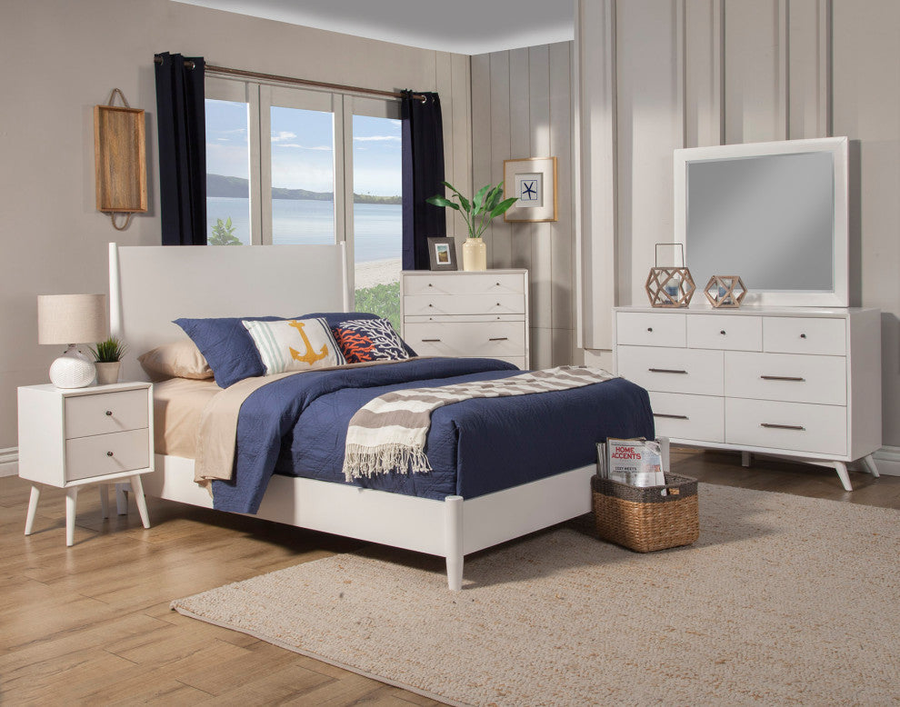 Flynn Mid Century Modern Standard King Panel Bed, White