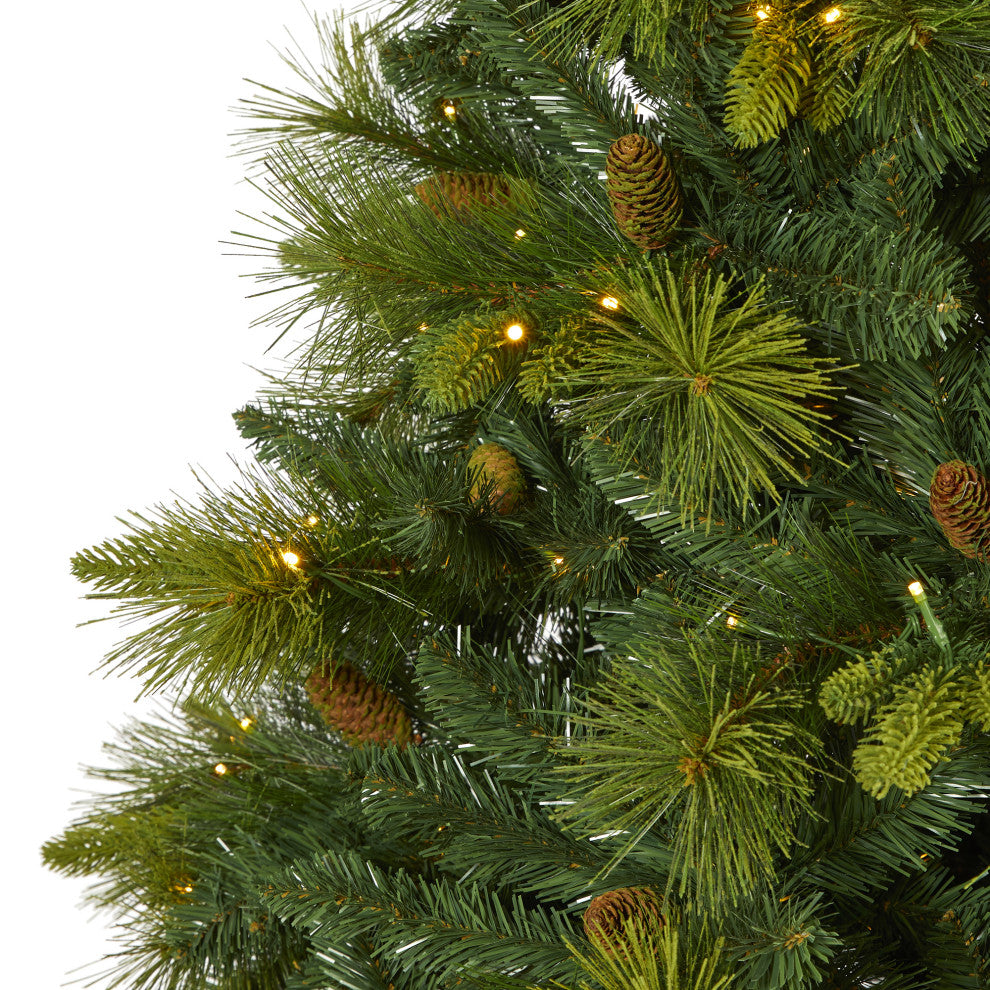 7.5' North Carolina Pine Faux Xmas Tree W/Lights, Bendable Branches & Pinecones