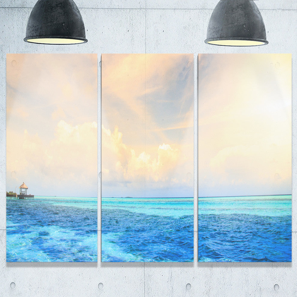 "Maldives Bungalows Sunset Panorama" Metal Wall Art, 3 Panels, 36"x28"