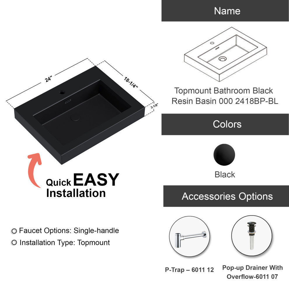 Dowell 18" FTB Resin Bathroom Vanity Basin, Black, 24wx18dx6h