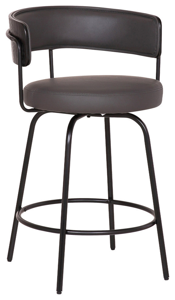 Avalon 26" Gray Faux Leather Swivel Barstool, Black Powder Coated Finish