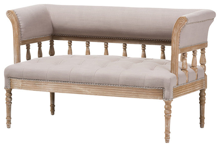 Nora Swedish Gustavian Style Distressed Oak Wood Linen Upholstered Sofa Settee
