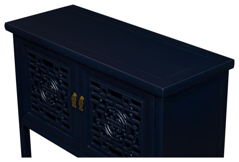 Navy Blue Elmwood Chinese Longevity Motif Cabinet with Lattice Doors