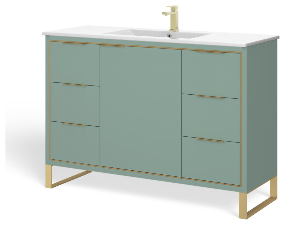 Bradford Bath Vanity, Green, 48", Satin Brass Hardware, Single Sink, Freestanding