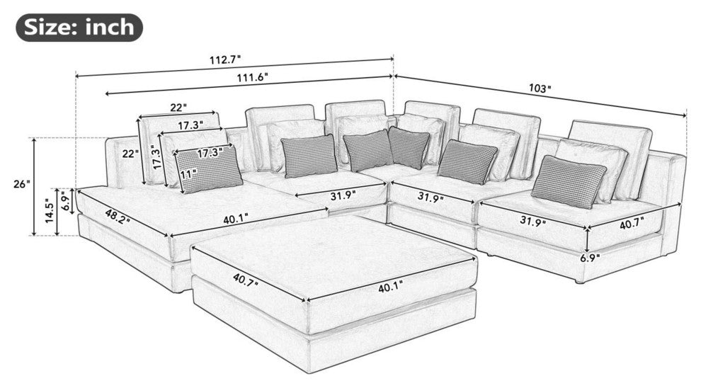 112.7" Modular Sectional Sofa with Chaise Lounge and Ottoman, Brown