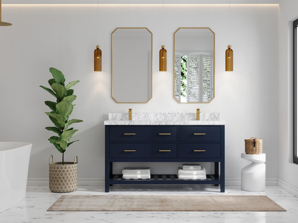 Parker 60 Double Sink Bathroom Vanity in Navy Blue  2" Carrara Marble