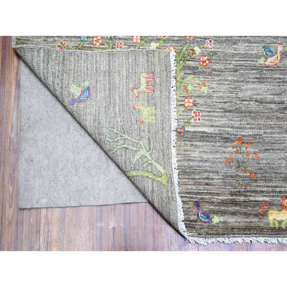 Wolf Gray Folk Art Willow Cypress Tree Design Wool Hand Knotted Rug 7'11"x9'5"