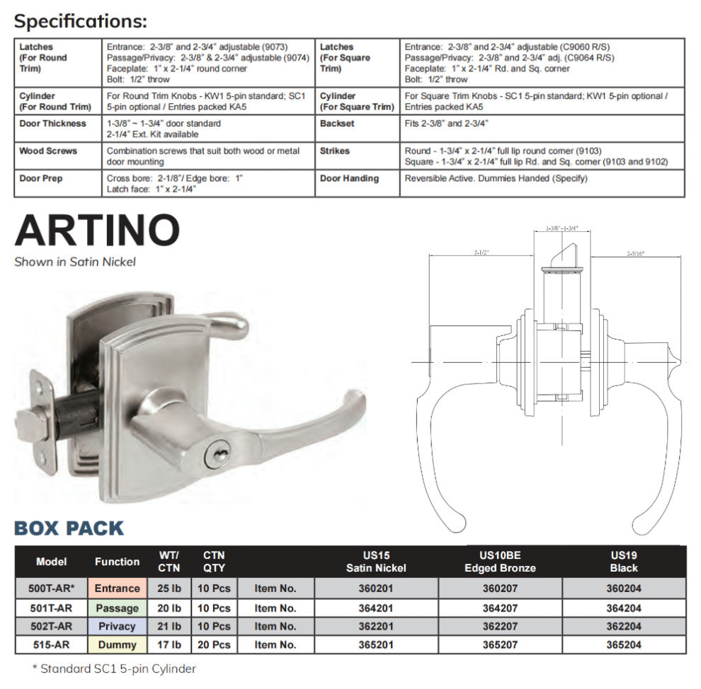 Delaney Hardware Italian Collection Artino Series, Satin Nickel, Dummy Lever