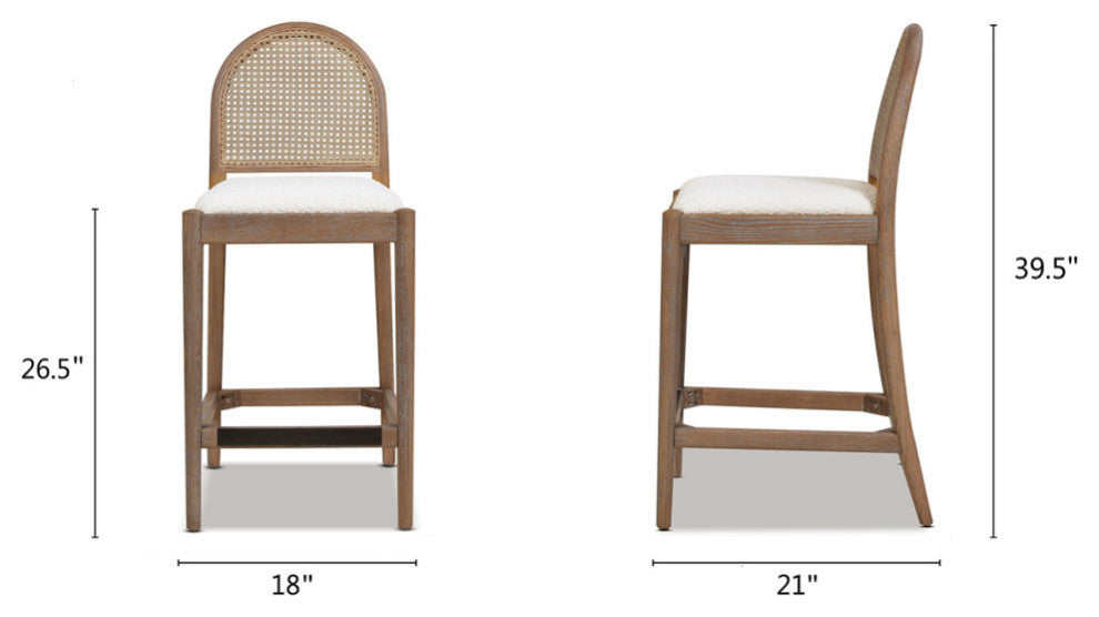 Panama Curved Back Cane Rattan Stool, Set of 2, Ivory White Boucle, 26.5" Counter Height