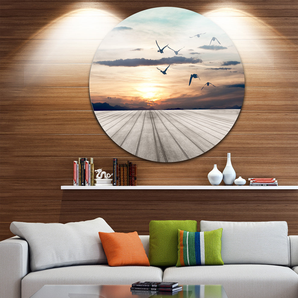 Wooden Floor Sunset, Seashore Art Disc Metal Wall Art, 11"