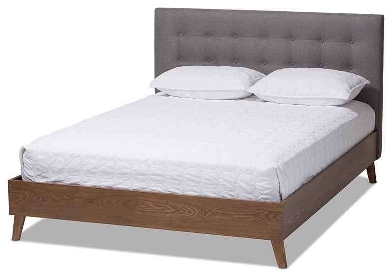 Alinia Retro Modern Gray Fabric Upholstered Walnut Wood King Size Platform Bed