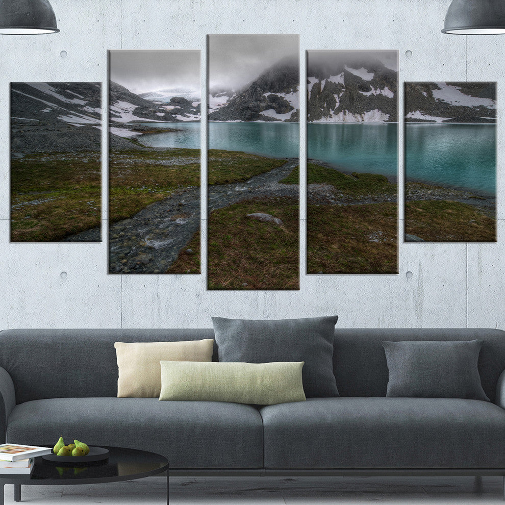 Turquoise Mountain Lake with Clouds, Landscape Canvas Print, 60"x32", 5 Panels